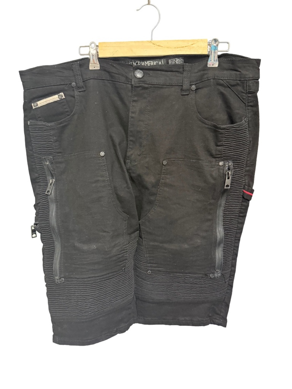 Heritage America Men's W42 Black Denim Moto Urban Biker Streetwear Cargo Shorts